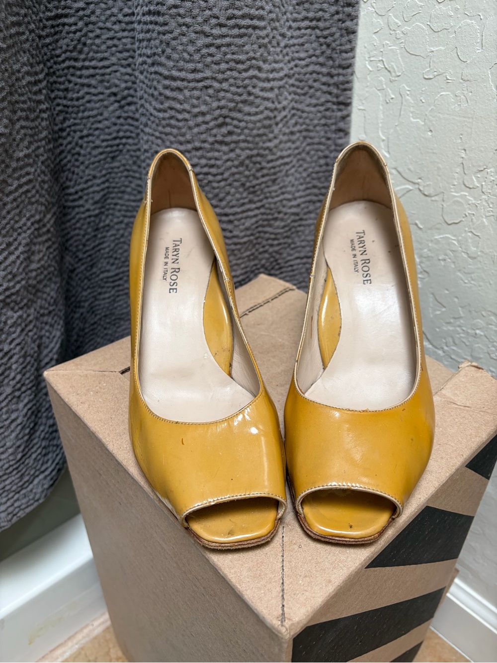 Taryn Rose Mustard Patent Leather Peep-Toe Heels